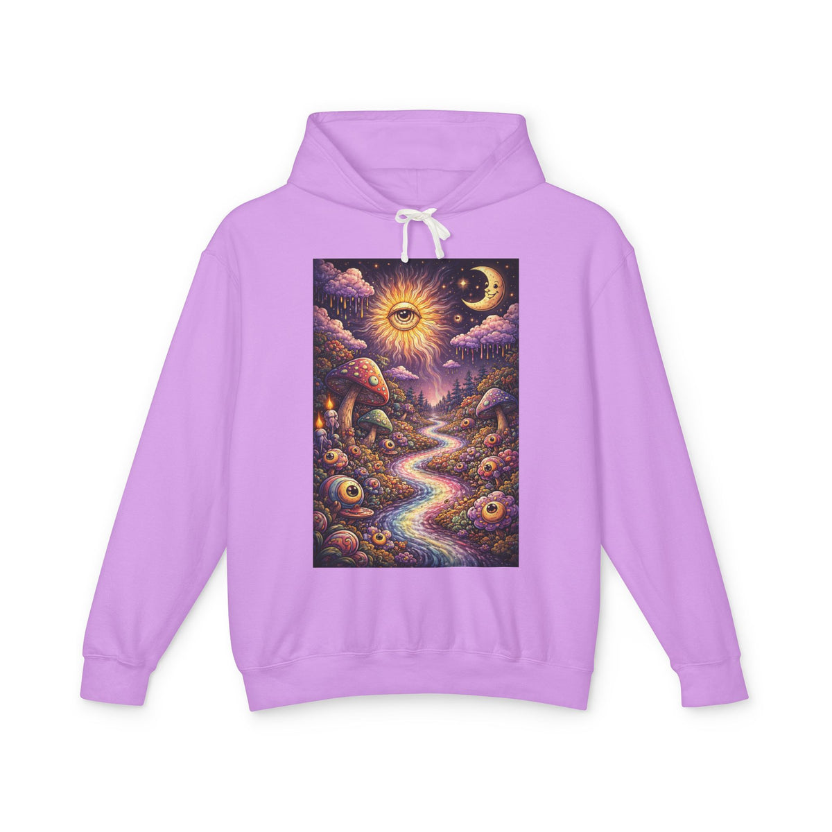 Psychedelic Sun & Moon Hoodie — Mystical Mushroom Path Graphic Sweatshirt