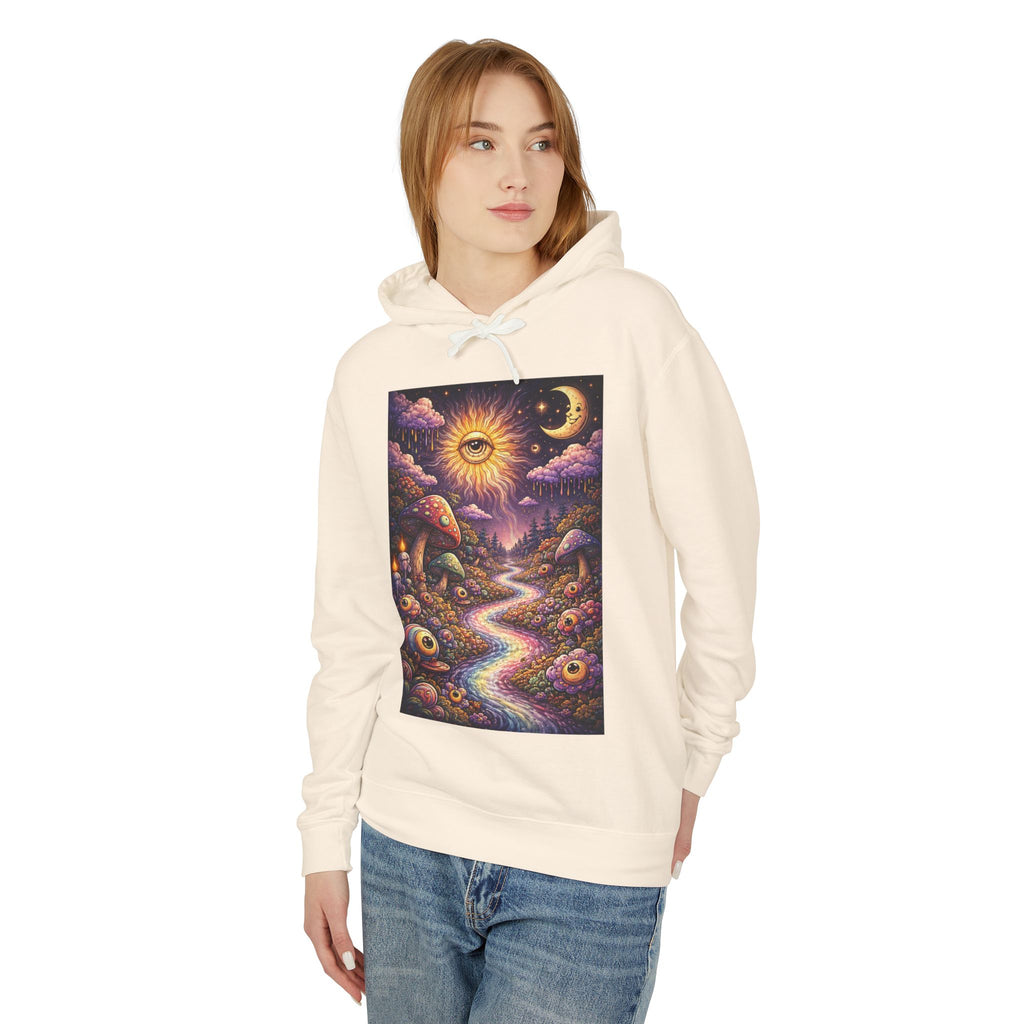 Psychedelic Sun & Moon Hoodie — Mystical Mushroom Path Graphic Sweatshirt