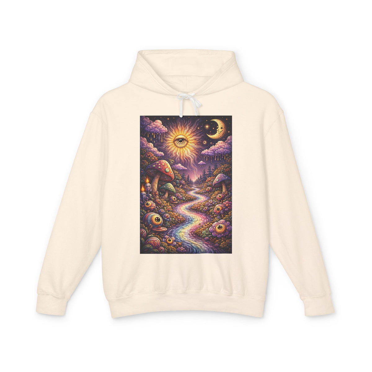 Psychedelic Sun & Moon Hoodie — Mystical Mushroom Path Graphic Sweatshirt