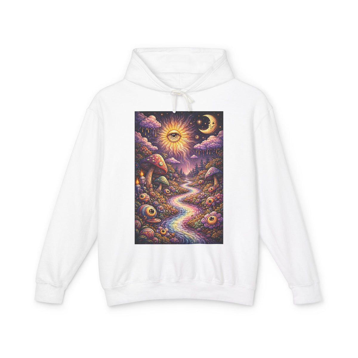 Psychedelic Sun & Moon Hoodie — Mystical Mushroom Path Graphic Sweatshirt
