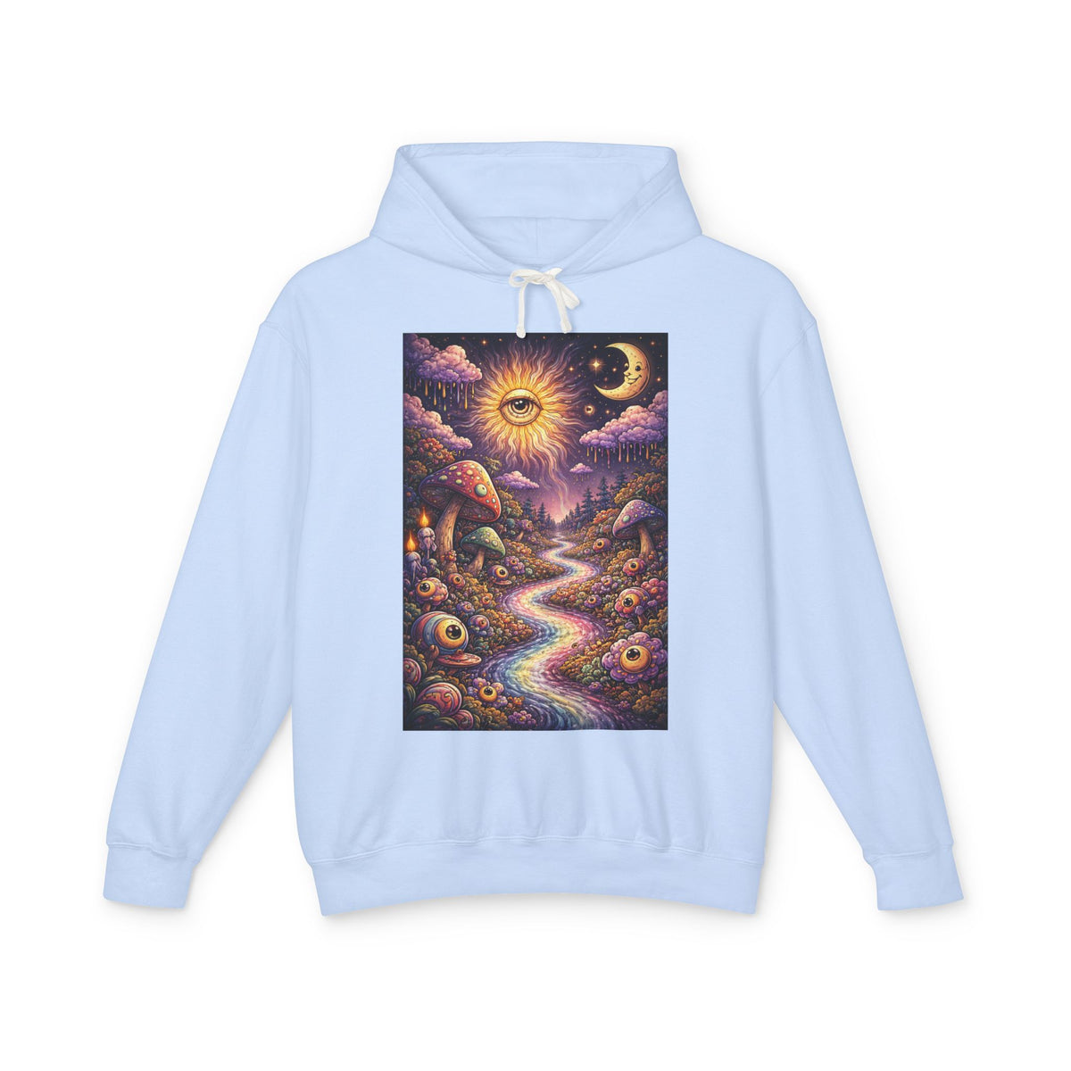 Psychedelic Sun & Moon Hoodie — Mystical Mushroom Path Graphic Sweatshirt