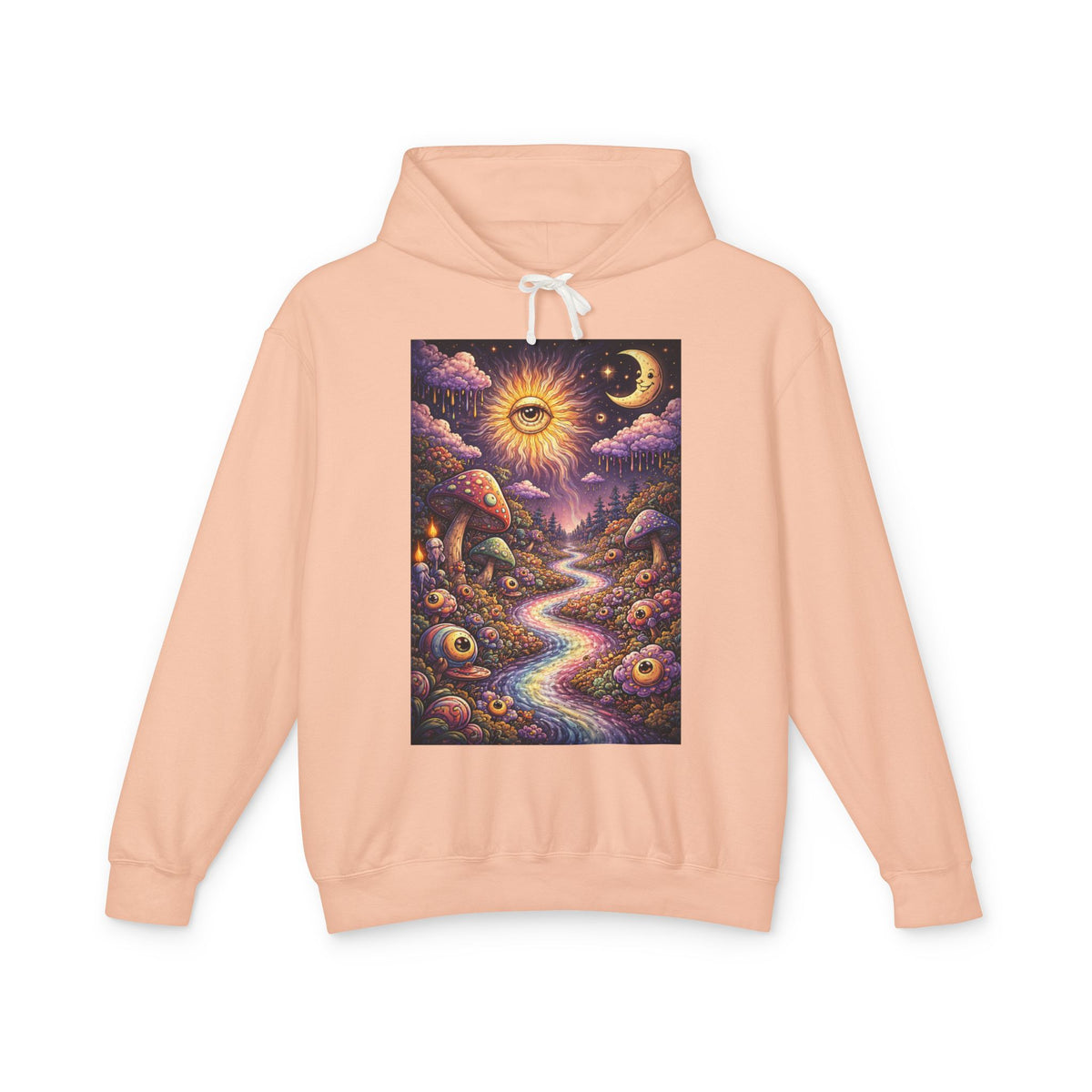 Psychedelic Sun & Moon Hoodie — Mystical Mushroom Path Graphic Sweatshirt