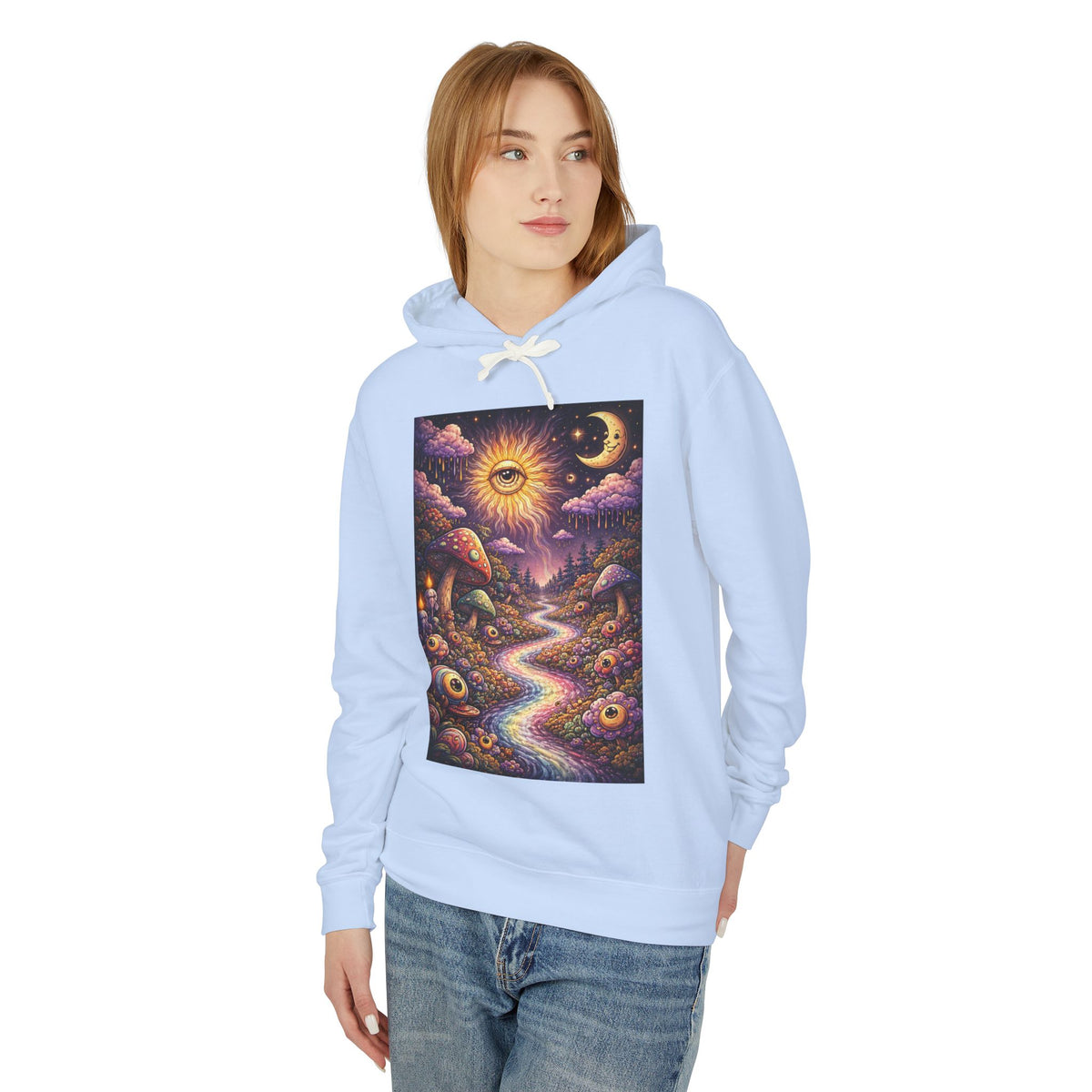 Psychedelic Sun & Moon Hoodie — Mystical Mushroom Path Graphic Sweatshirt