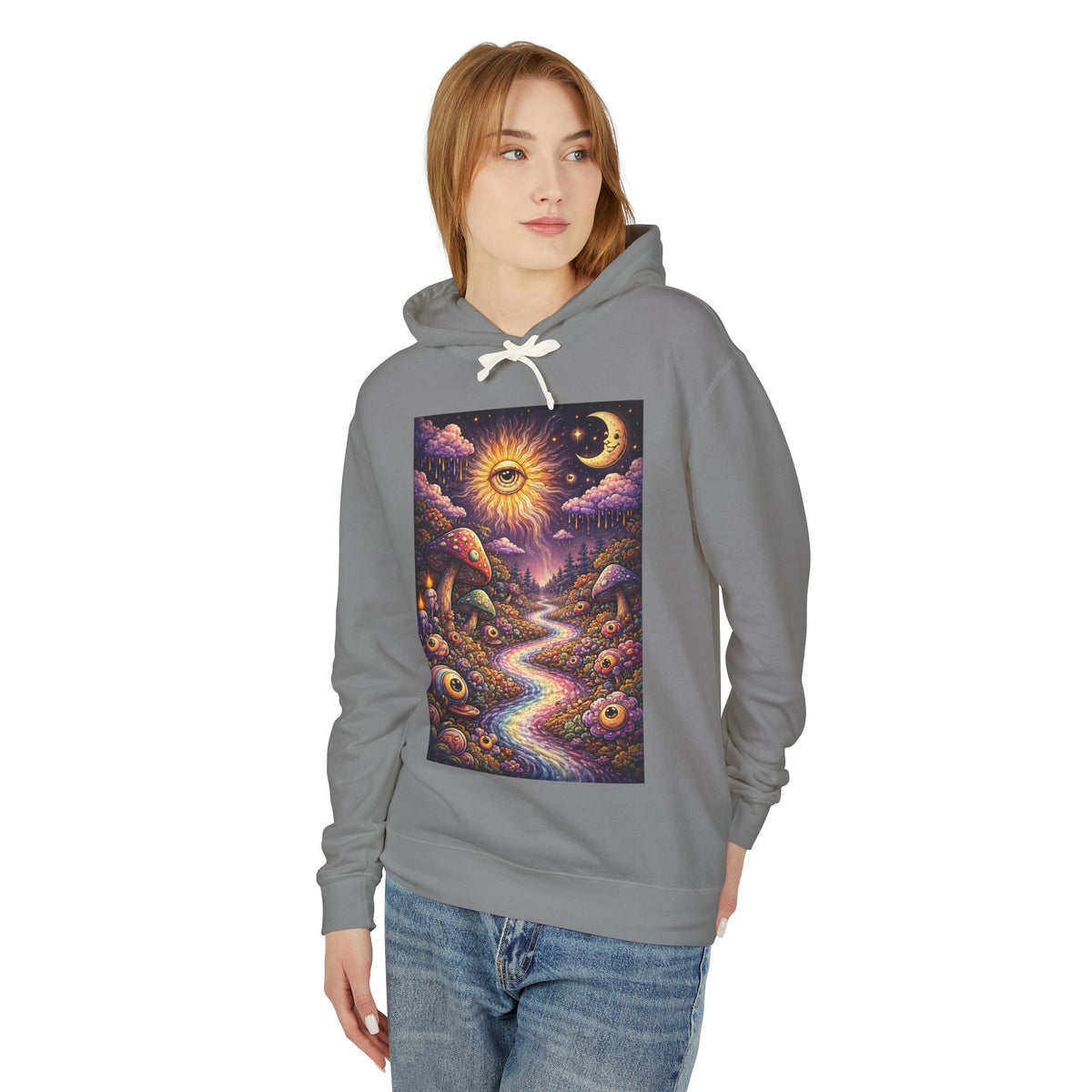 Psychedelic Sun & Moon Hoodie — Mystical Mushroom Path Graphic Sweatshirt