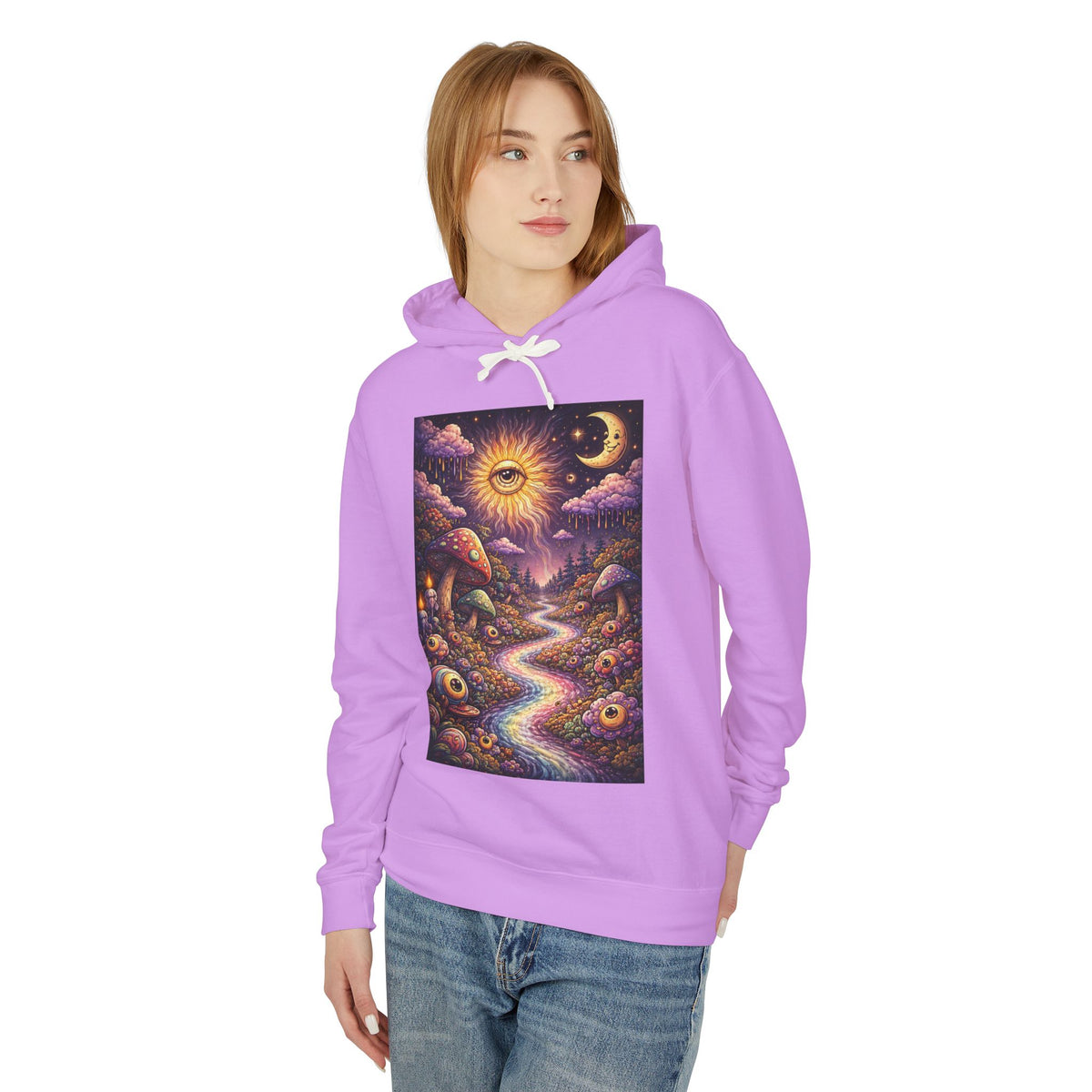 Psychedelic Sun & Moon Hoodie — Mystical Mushroom Path Graphic Sweatshirt