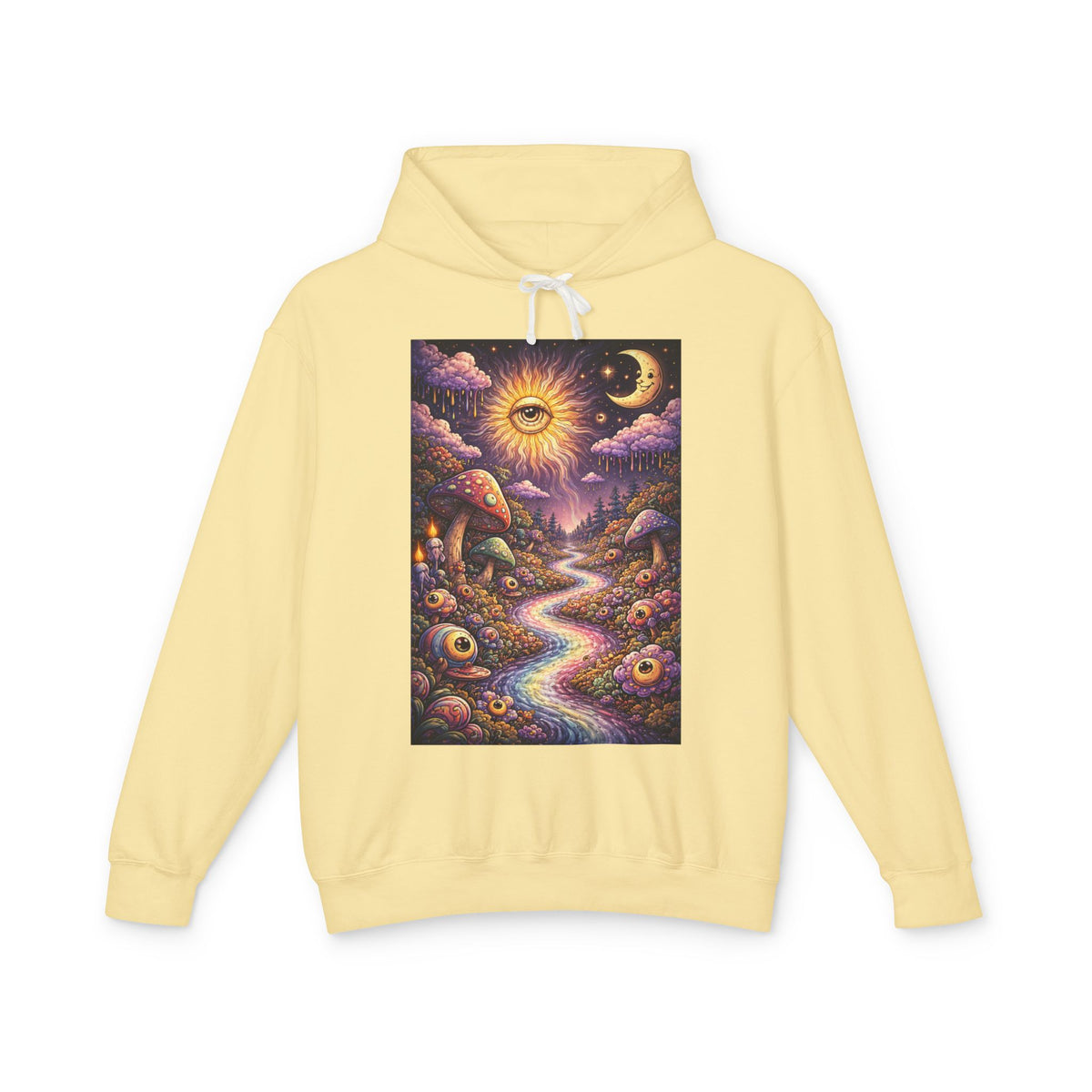Psychedelic Sun & Moon Hoodie — Mystical Mushroom Path Graphic Sweatshirt