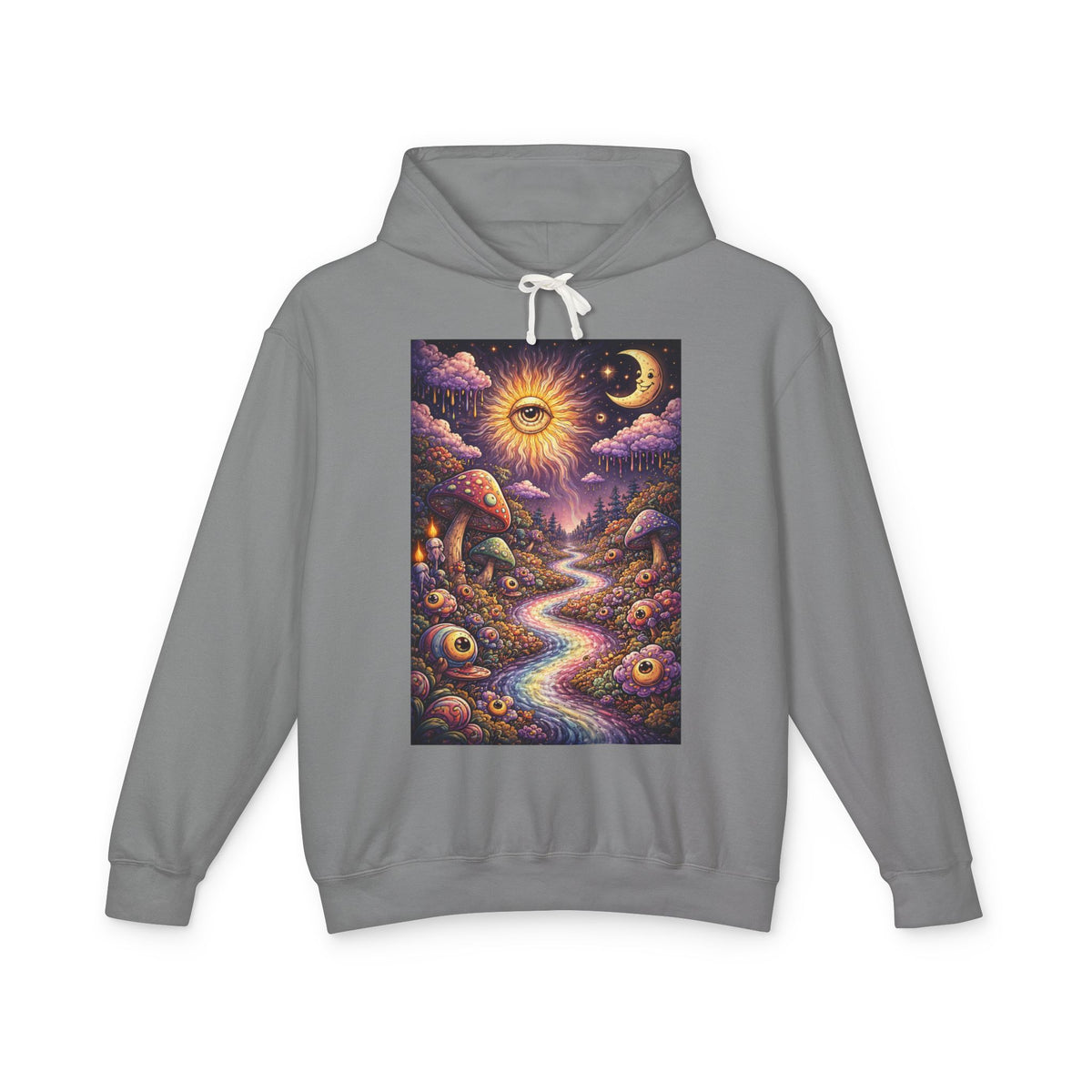 Psychedelic Sun & Moon Hoodie — Mystical Mushroom Path Graphic Sweatshirt