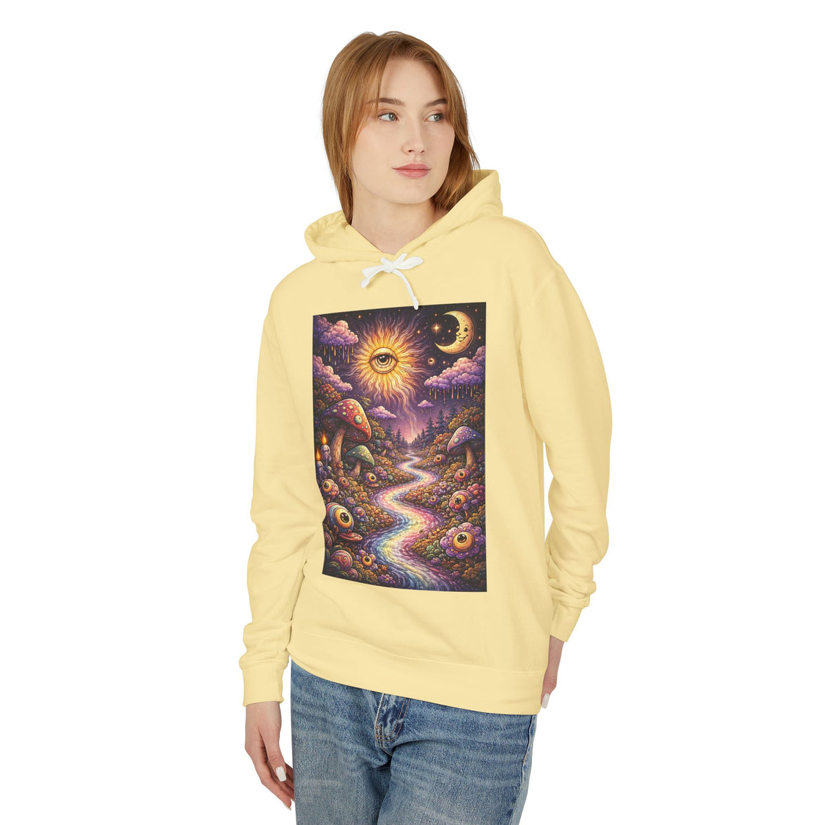 Psychedelic Sun & Moon Hoodie — Mystical Mushroom Path Graphic Sweatshirt