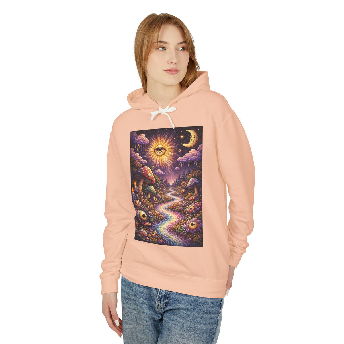 Psychedelic Sun & Moon Hoodie — Mystical Mushroom Path Graphic Sweatshirt