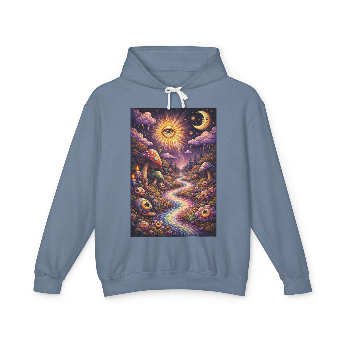 Psychedelic Sun & Moon Hoodie — Mystical Mushroom Path Graphic Sweatshirt