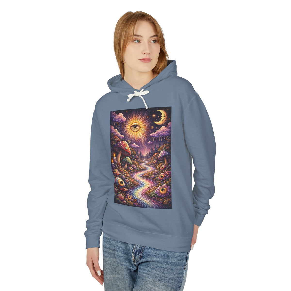 Psychedelic Sun & Moon Hoodie — Mystical Mushroom Path Graphic Sweatshirt