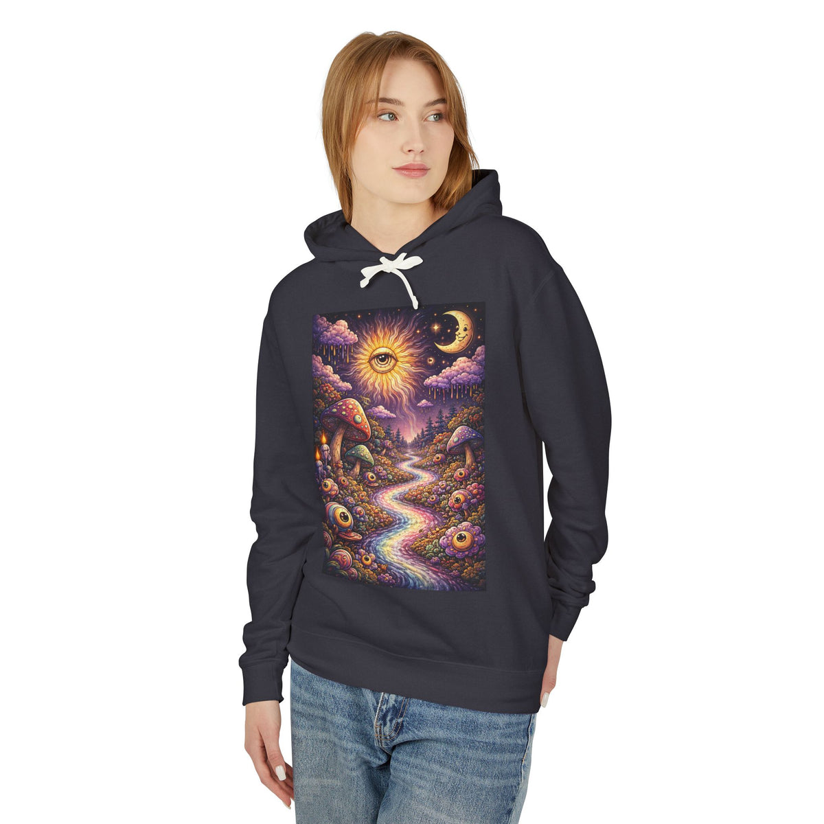 Psychedelic Sun & Moon Hoodie — Mystical Mushroom Path Graphic Sweatshirt