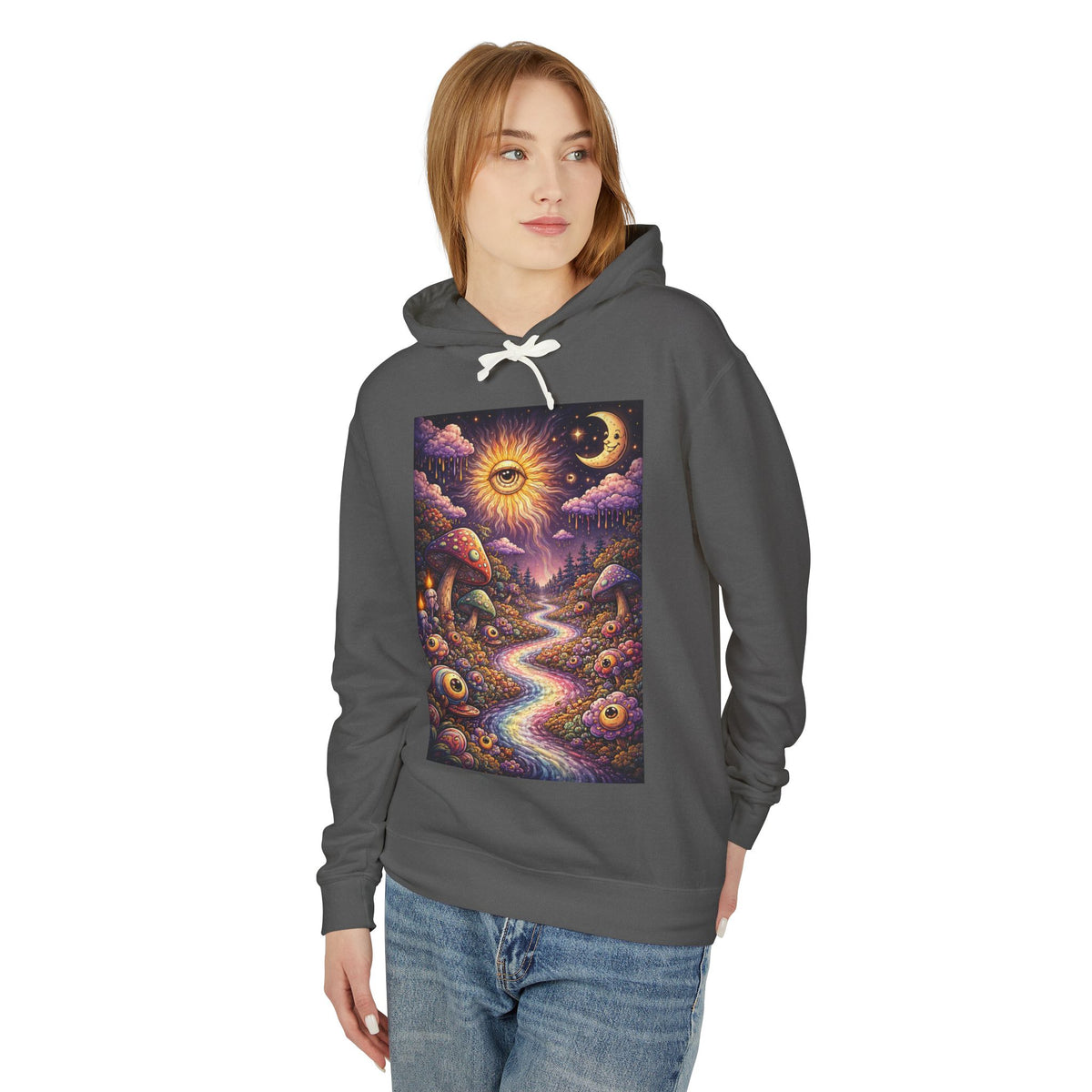Psychedelic Sun & Moon Hoodie — Mystical Mushroom Path Graphic Sweatshirt